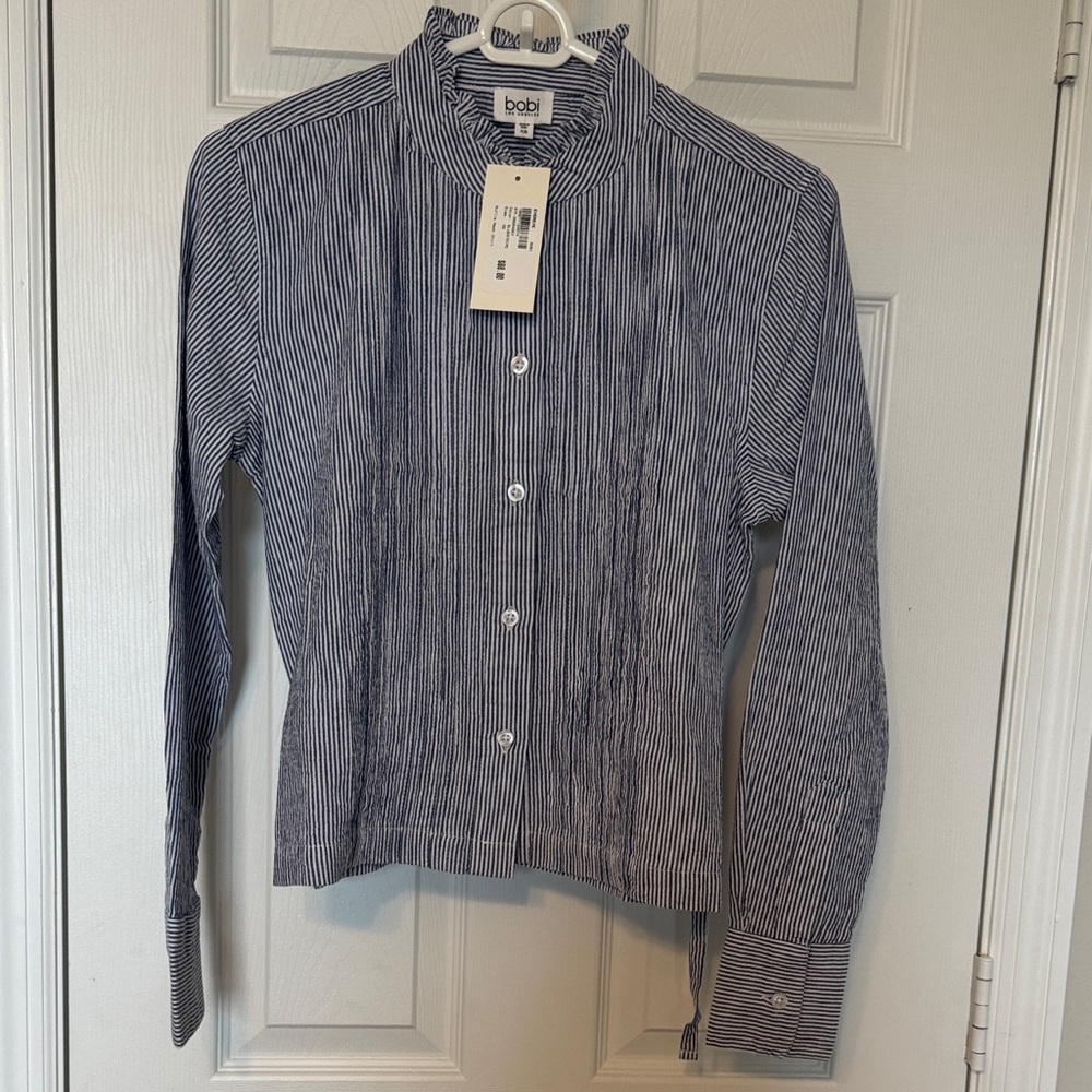 bobi Navy and White Ruffled Collar Striped Button-Up